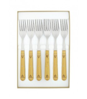 Nontron 87601 Coffret 6 fourchettes table NONTRON, acier inox T12, 20 cm, manche rond en buis pyrogravé.