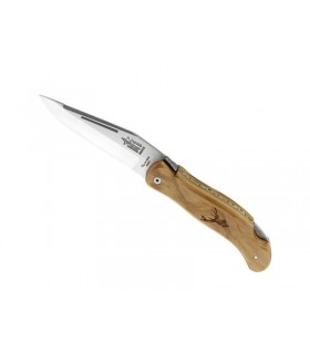 G.David 704.c Couteau,  lame acier 12C27,  manche 12 cm bois olivier décor gravé cerf