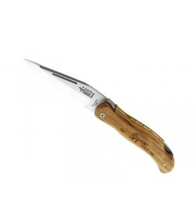 G.David 704.s Couteau,  lame acier 12C27,  manche 12 cm bois olivier décor gravé sanglier