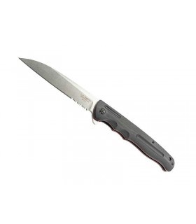 Herbertz 591217 Couteau, lame semi-dentée acier 440 flipper, mécan. ball bearing, manche  16,5 cm g10 noir avec inter. rouges