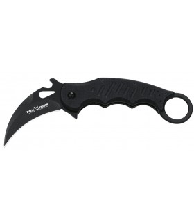 Fox Production fx.599 Couteau Karambit, lame Hawkbill noire acier N690Co à trou, manche 10 cm (12 cm avec anneau) G10 noir