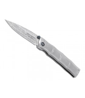 Mcusta mc.33d Couteau Taken,   lame acier VG-10 damas inox 66 couches cran int. & à bout. dble, manche 9,5 cm acier idem lame