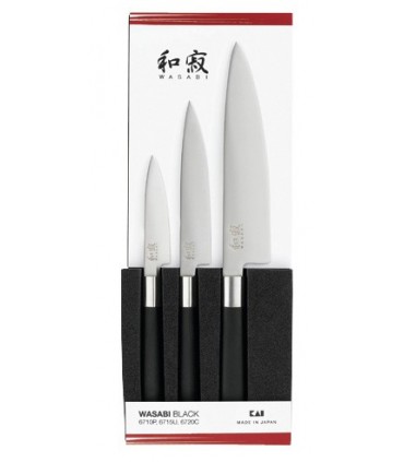 Kaï 67s.300 Coffret 3 couteaux Wasabi black (universel 10 cm et 15 cm, cuisine 20 cm). Manche Polypropylène Noir