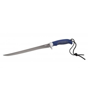 Bück 7225 Poignard Silver Creek,  lame à filets flexible 24 cm acier 420 revêtement titanium, manche nylon/gomme bleu